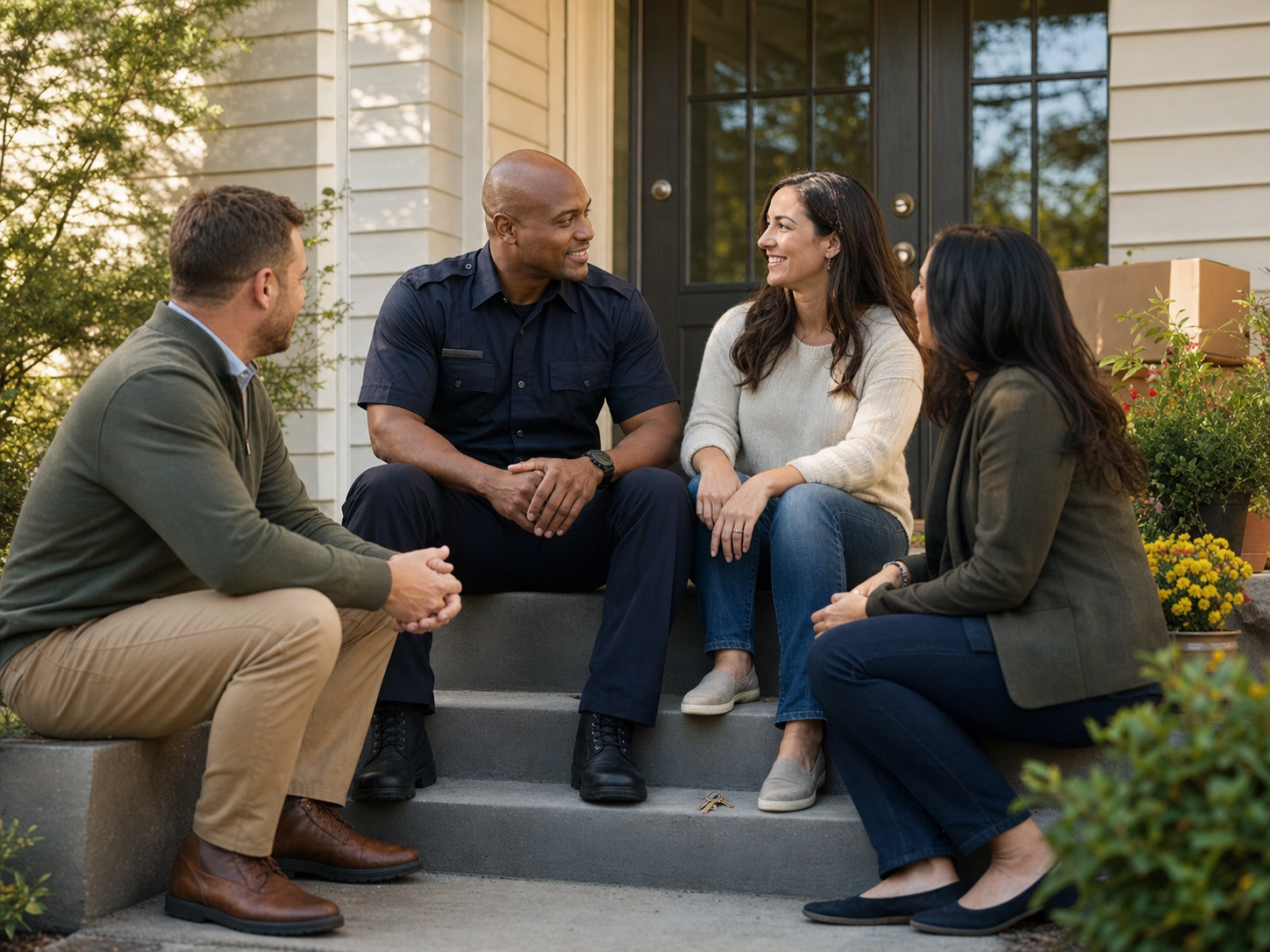A family and mortgage professionals talking on a front porch
